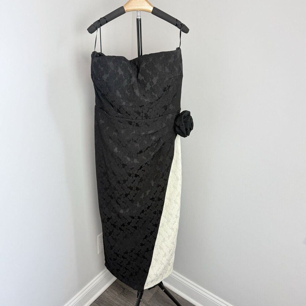 Maison Tara Jacquard Rosette Midi Dress Size 8 Black Wedding Guest Semi Formal